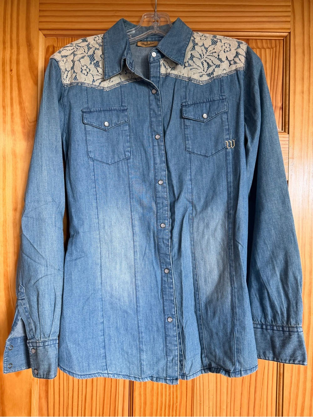 Wrangler Blue Denim Button-Down Shirt with Cream Lace Yoke